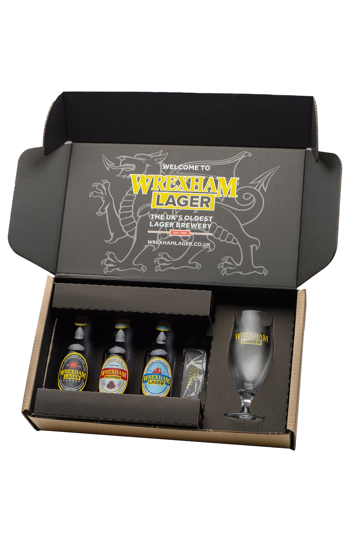 Wrexham Lager gift set with bottles and a glass in a branded box.