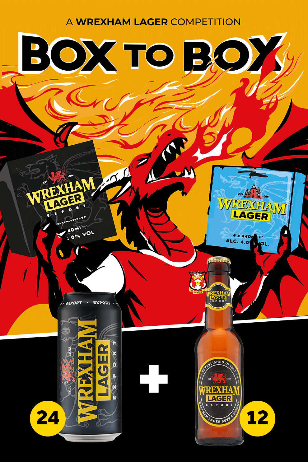 Wrexham Dragon holding 2 boxes of Wrexham lager