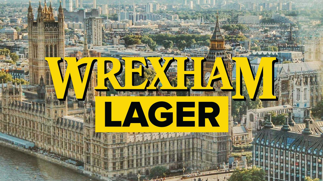 Wrexham Lager logo over the Houses of Parliament 