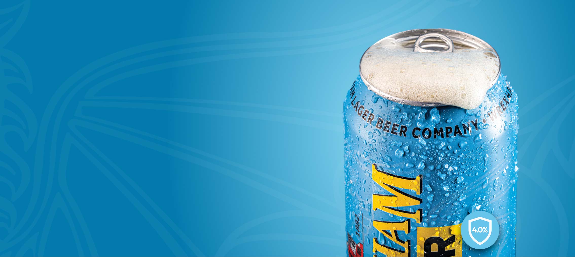 Wrexham Lager can on a blue background