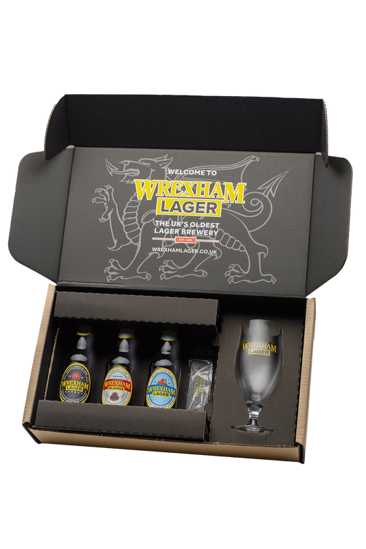 Wrexham Lager gift set with bottles and a glass in a branded box.