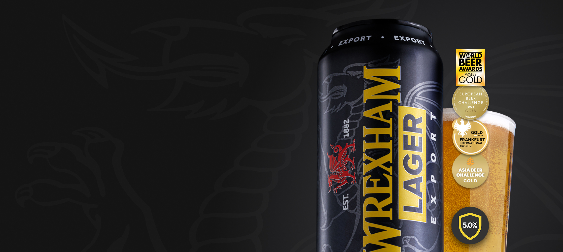 Wrexham Export lager can with a gold medal award on a dark background