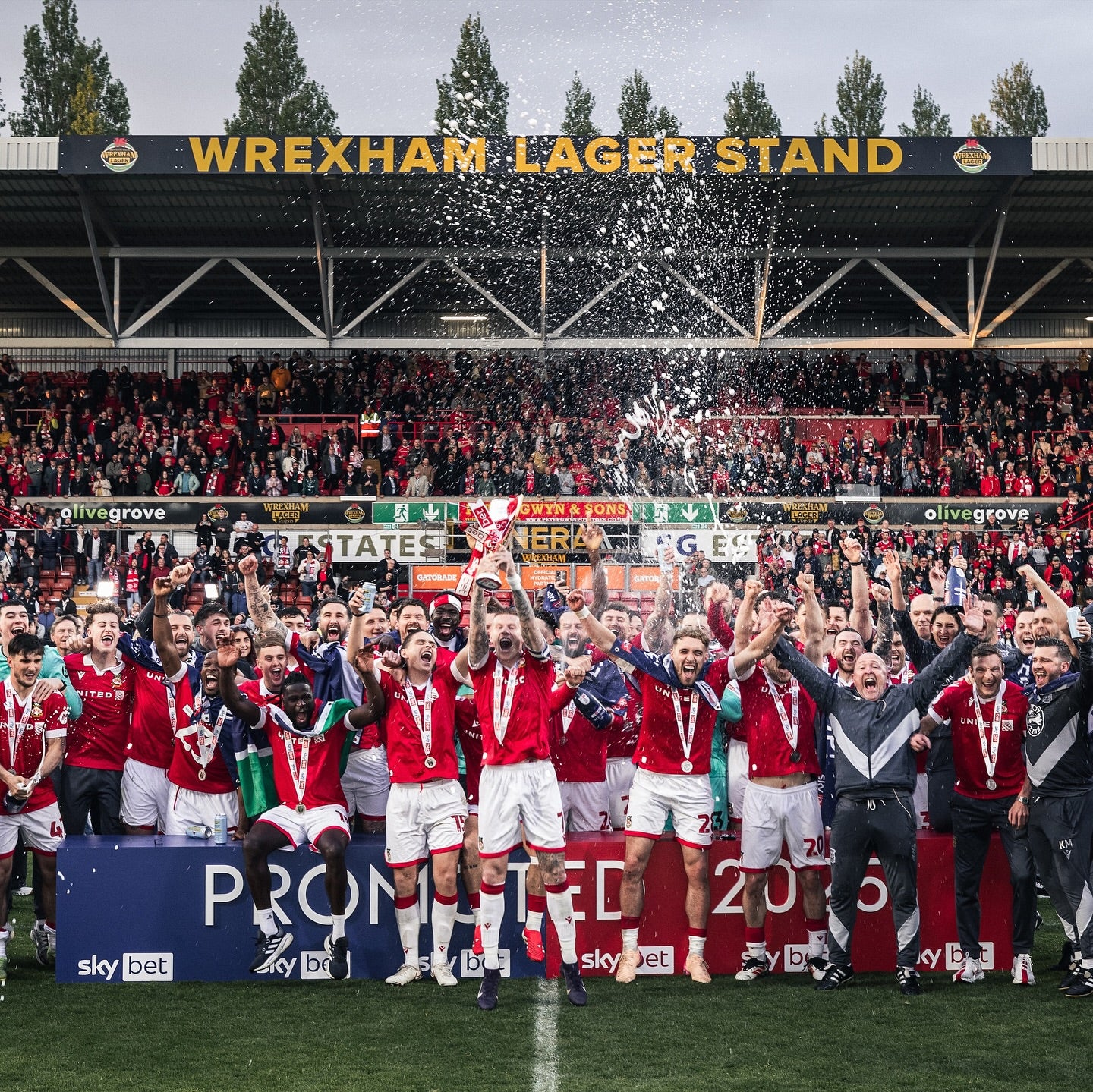Wrexham AFC promotion 24/25 in front of the Wrexham Lager stand