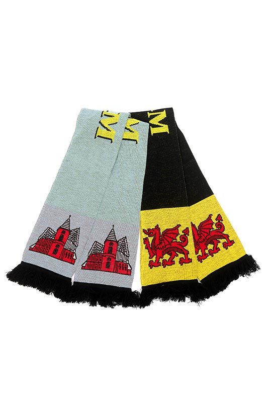 Wrexham Lager Scarf with red dragon design on a white background