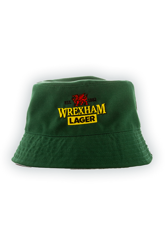 Green bucket hat with 'Wrexham Lager' branding
